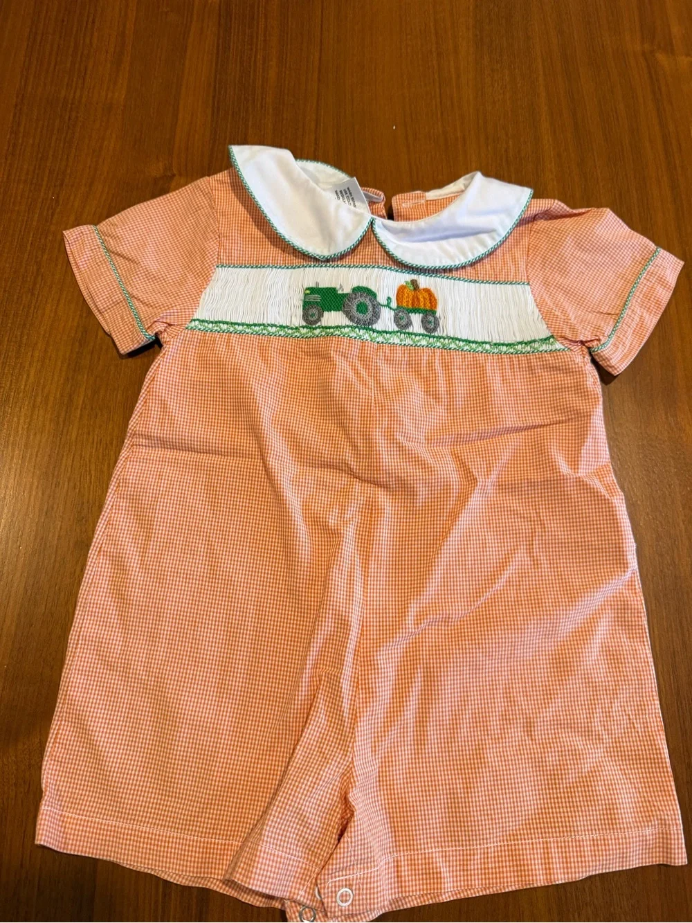 Embroidered Tractor Pumpkin Shortall - Orange Gingham fall Thanksgiving